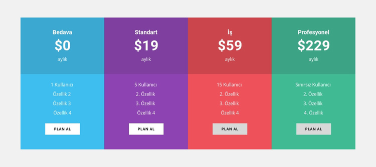 Renkli fiyatlandırma tablosu WordPress Teması