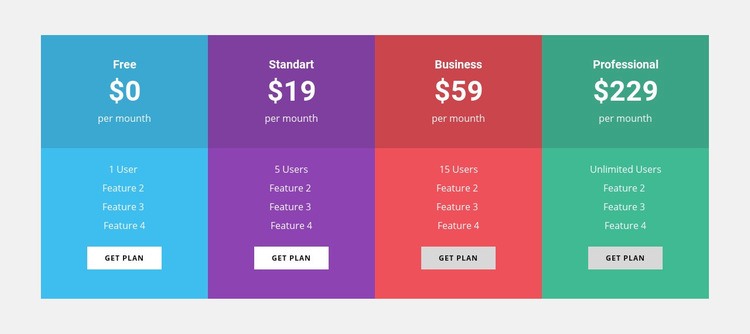 Colored pricing table Webflow Template Alternative