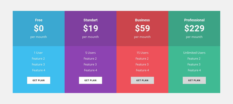 Colored pricing table Website Builder Templates