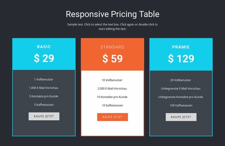 Responsive Preistabelle Website-Vorlage