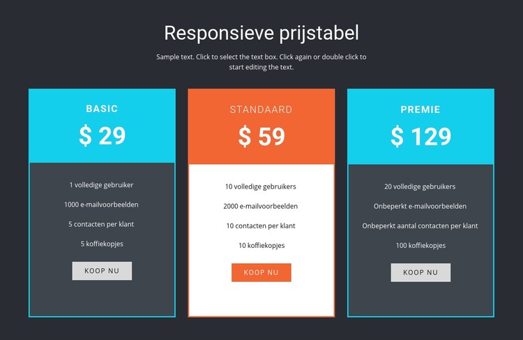 Responsieve prijstabel Sjabloon voor één pagina
