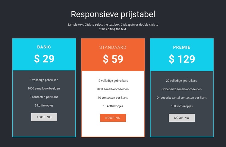 Responsieve prijstabel Website sjabloon