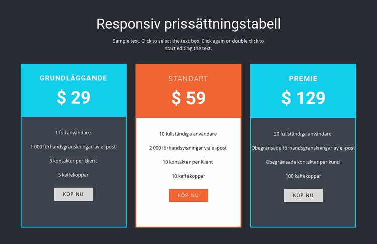 Responsiv prissättningstabell HTML-mall