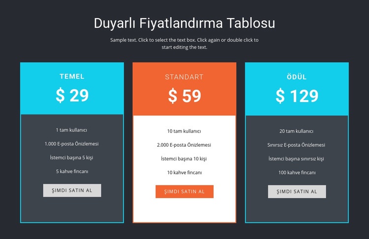 Duyarl? fiyatland?rma tablosu WordPress Teması