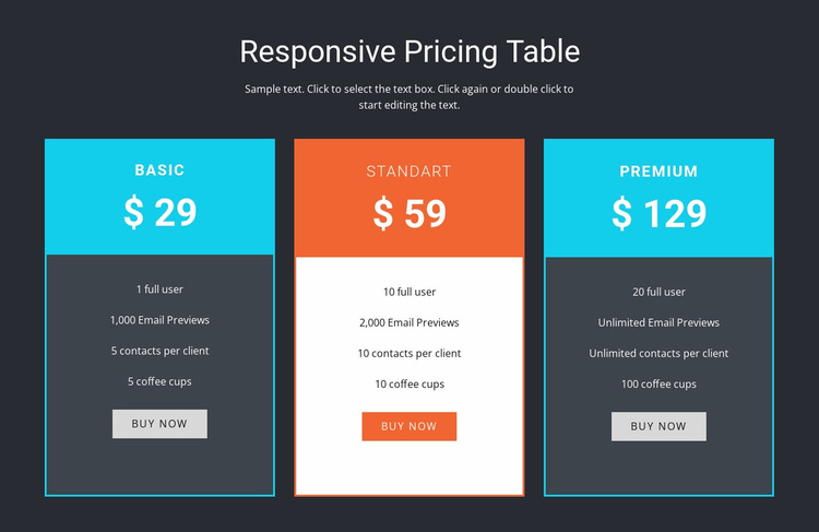 Responsive pricing table Website Builder Templates