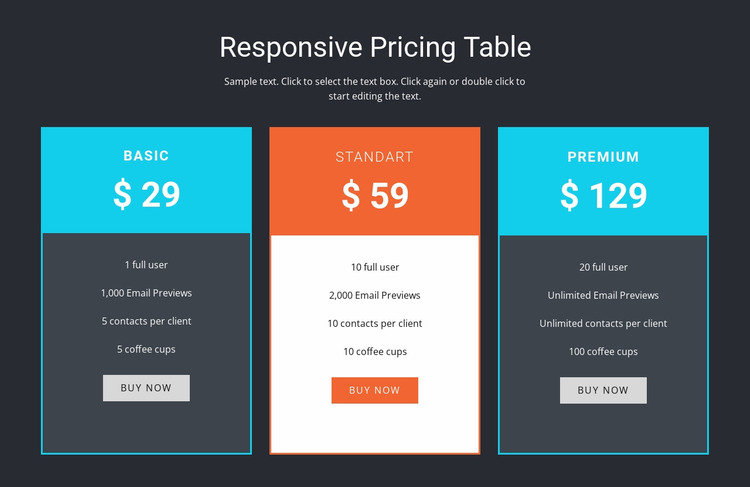 Responsive pricing table Website Mockup