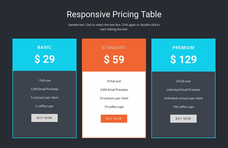 Responsive pricing table Landing Page