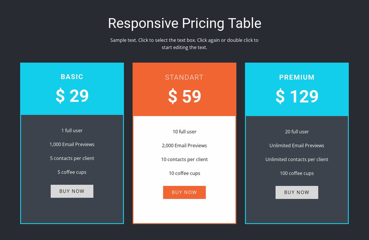 Responsive pricing table WordPress Website Builder