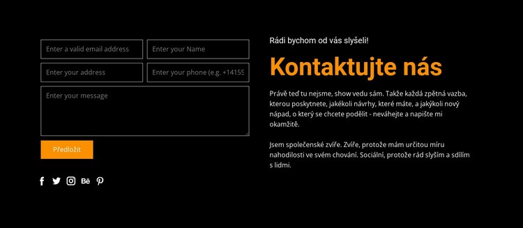 Kontaktní formulář na tmavém pozadí Webový design
