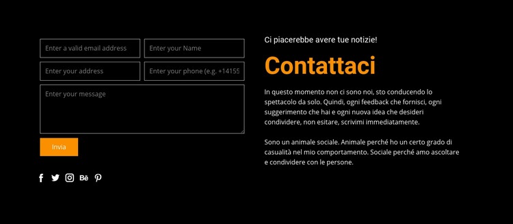 Modulo di contatto su sfondo scuro Un modello di pagina