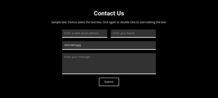 Kontakt på mörk bakgrund Html webbplatsbyggare
