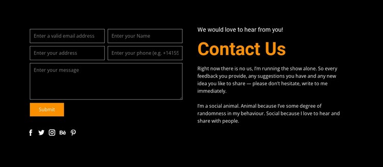 Kontaktformulär på mörk bakgrund Html webbplatsbyggare