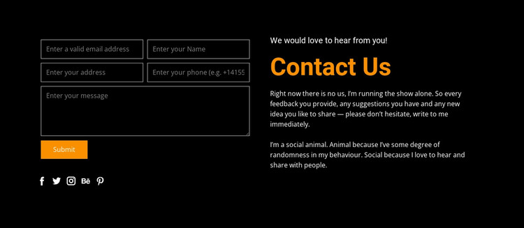 Contact form on dark background WordPress Theme