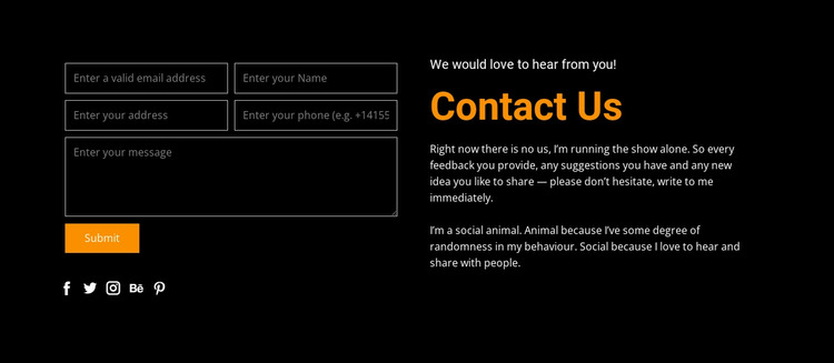 Contact form on dark background WordPress Website Builder