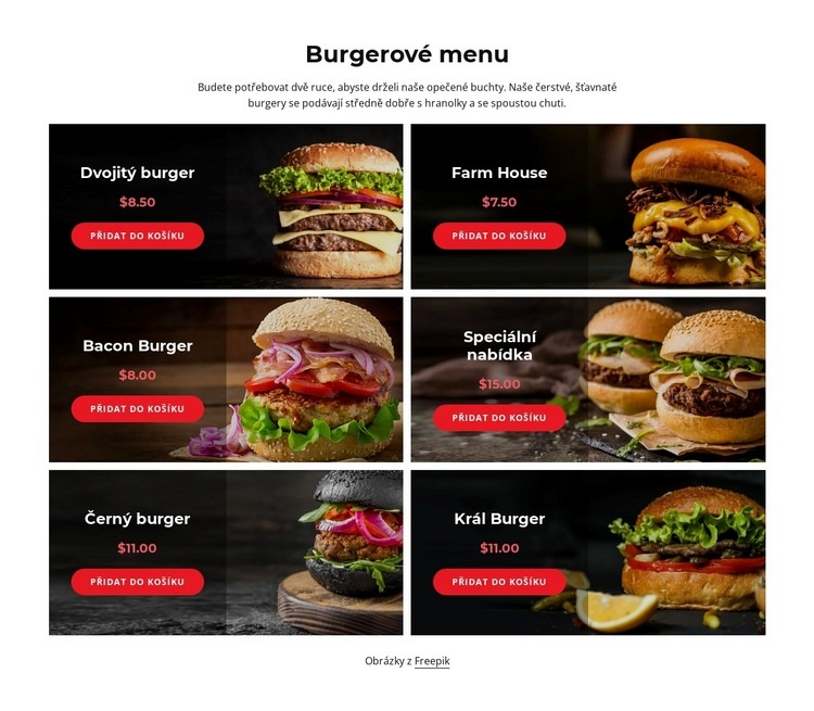 Naše burgerové menu Šablona webové stránky