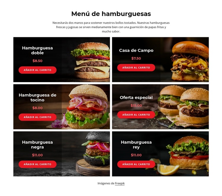 Nuestro menú de hamburguesas Plantilla de sitio web