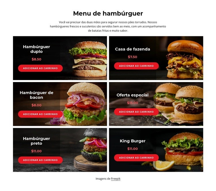 Nosso menu de hambúrguer Modelos de construtor de sites