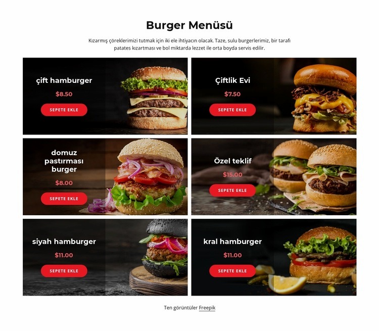 hamburger menümüz Web sitesi tasarımı