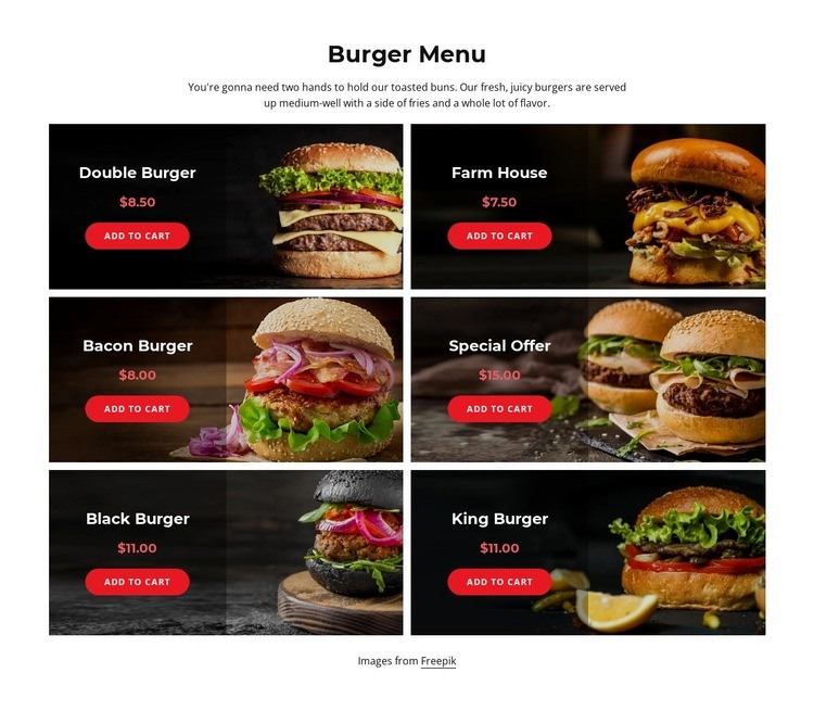 Our burger menu Web Page Design