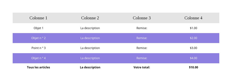 Table colorée Modèle de site Web