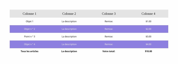 Table colorée Modèle d'une page