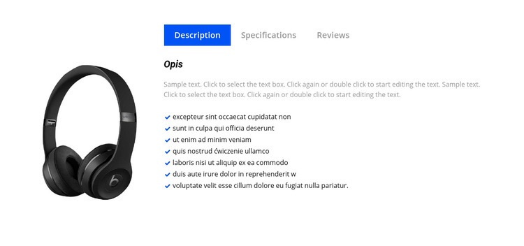 Specyfikacje słuchawek Makieta strony internetowej